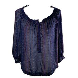 American Eagle Sheer Boho Blouse Small Navy Blue Peasant Puff Sleeve Top